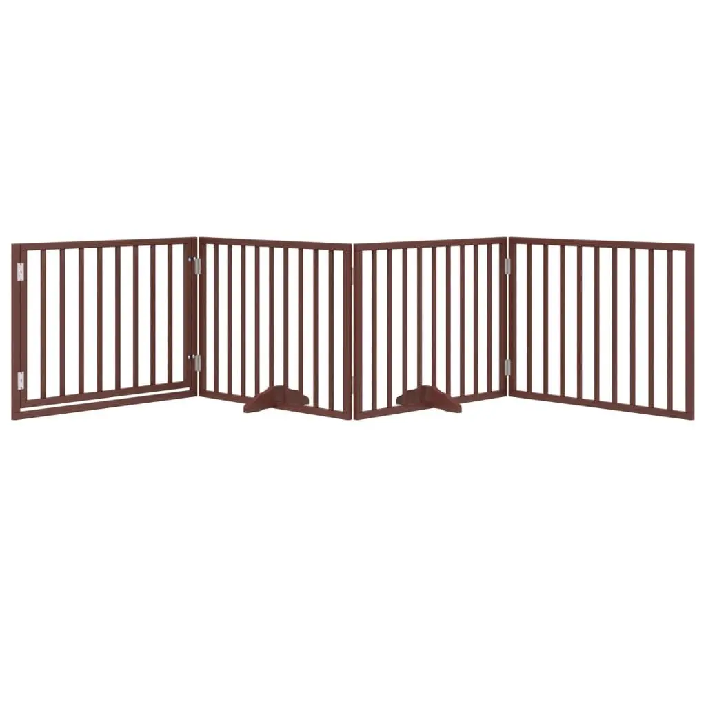 Dog Gate Foldable 4 Panels with Door Brown Poplar Wood Pet Safety Barrier