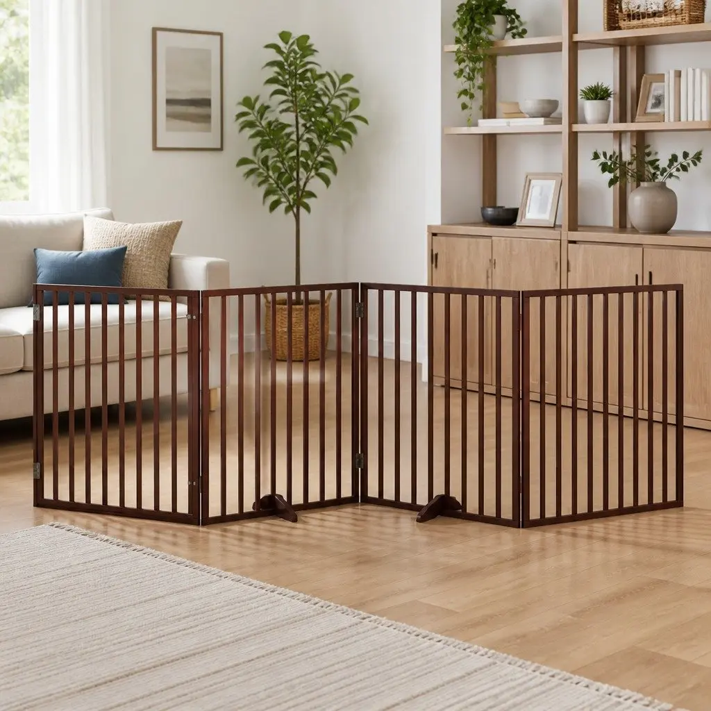 Dog Gate Foldable 4 Panels Brown 320cm Poplar Wood Pet Safety Barrier