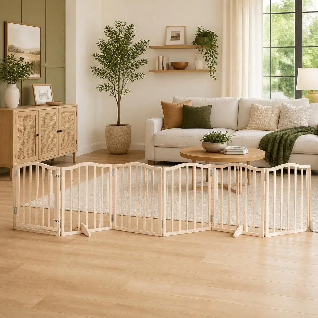 Dog Gate Foldable 6 Panels 300cm Poplar Wood Pet Safety Barrier with Door Lock