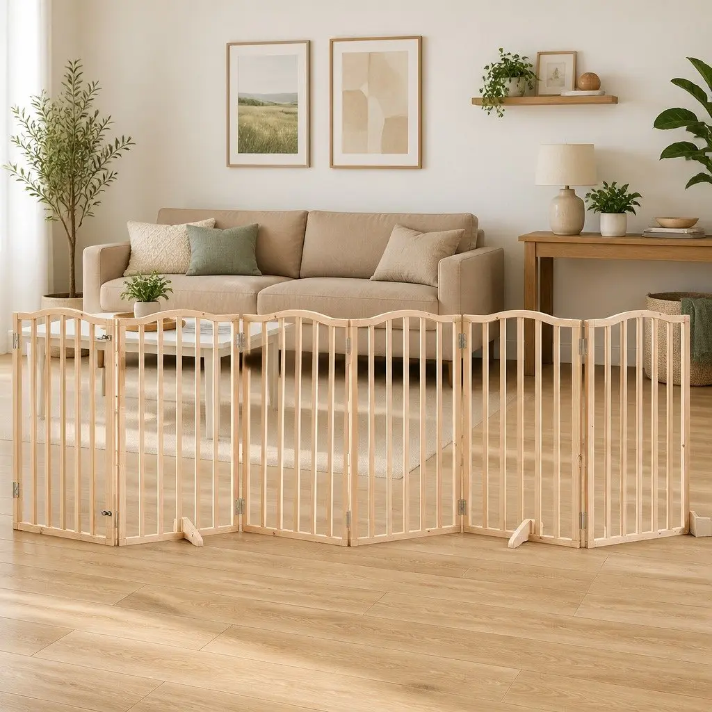 Dog Gate Foldable 6 Panel Pet Safety Barrier Poplar Wood Enclosure with Door