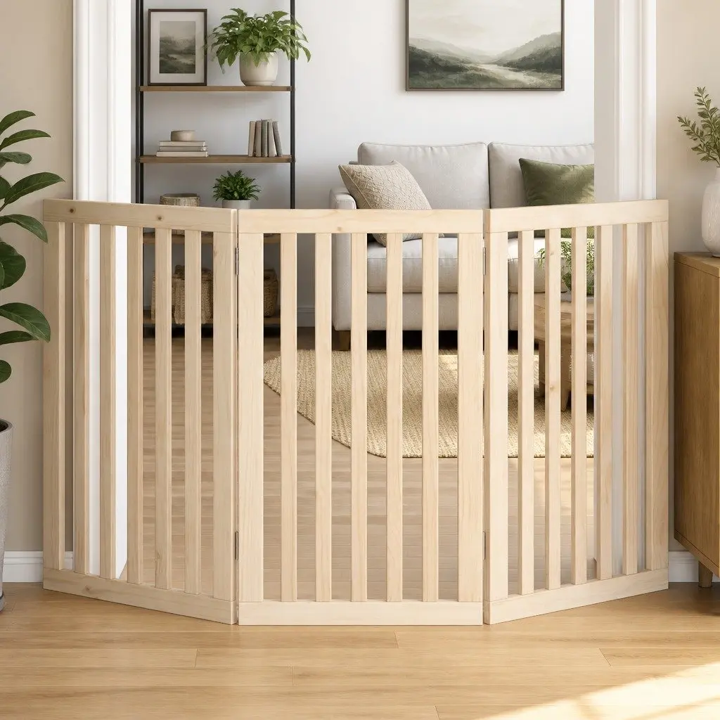 Foldable Dog Gate 3 Panel 150 cm Brown Poplar Wood Pet Barrier