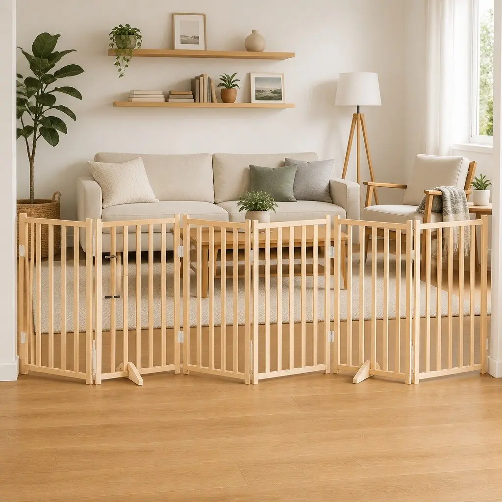 Dog Gate Foldable 6 Panels 300cm Solid Wood Pet Safety Barrier