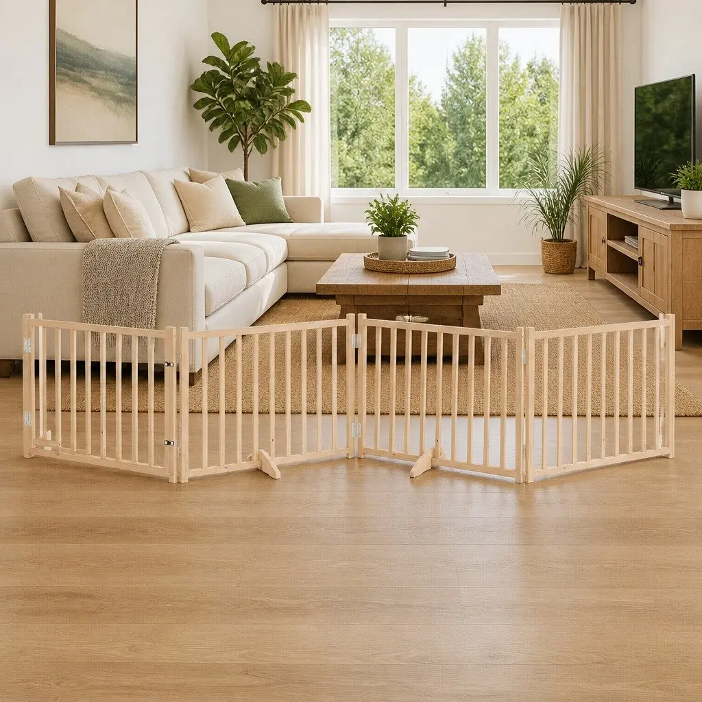 Dog Gate Foldable 4 Panels 320cm Solid Wood Pet Safety Barrier