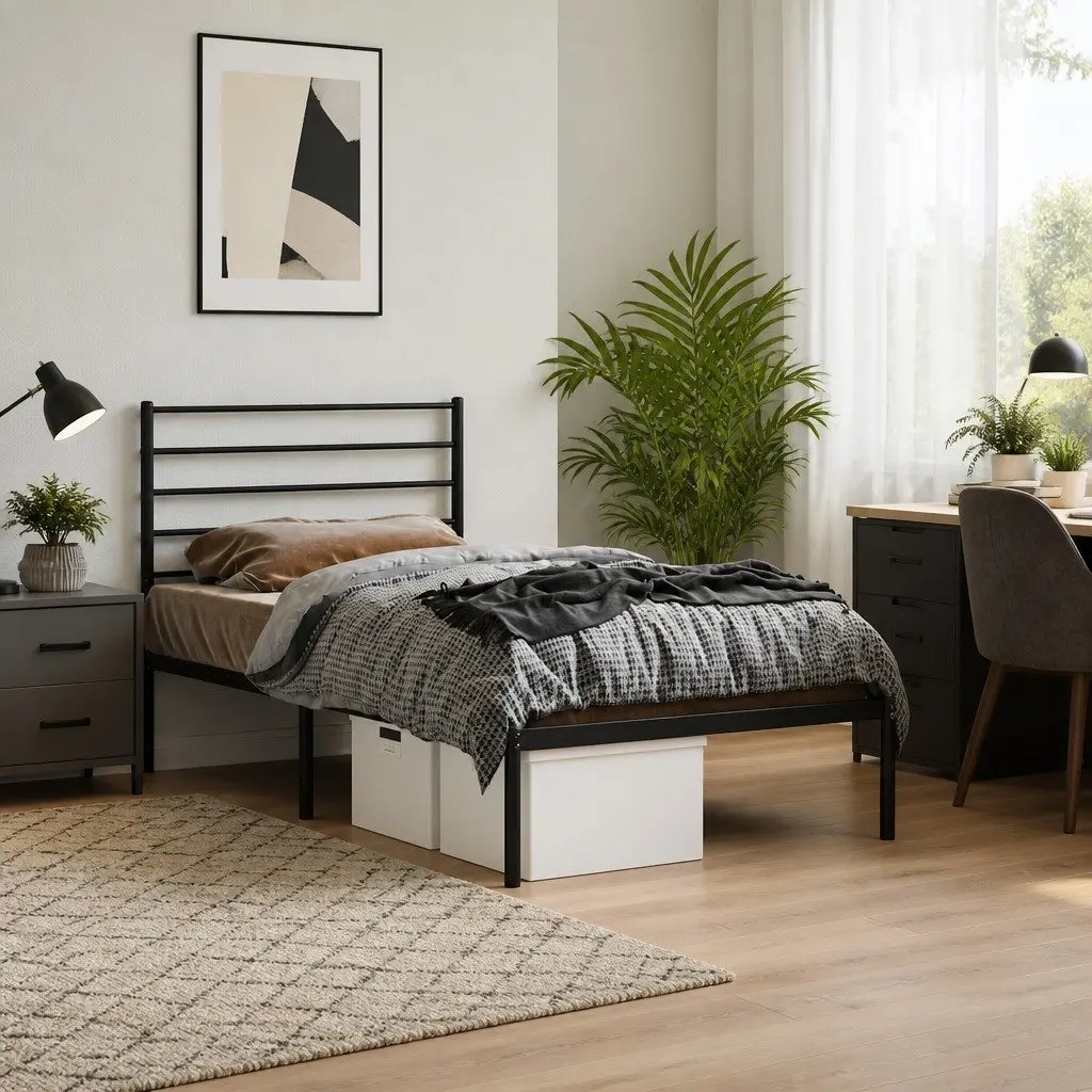 Metal Bed Frame King Size Black Powder-Coated Steel Slatted Base 107x203cm