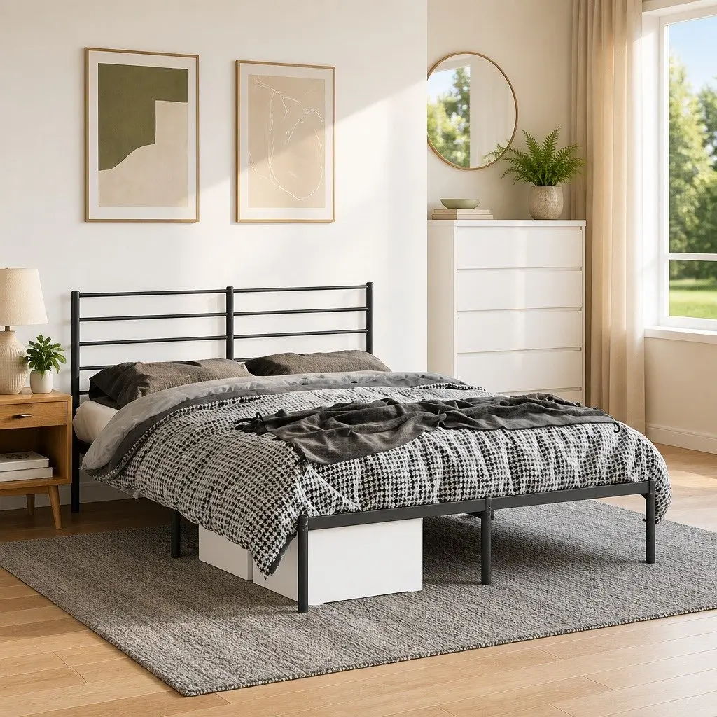 Metal Bed Frame Black 135x190 cm with Headboard and Storage Space