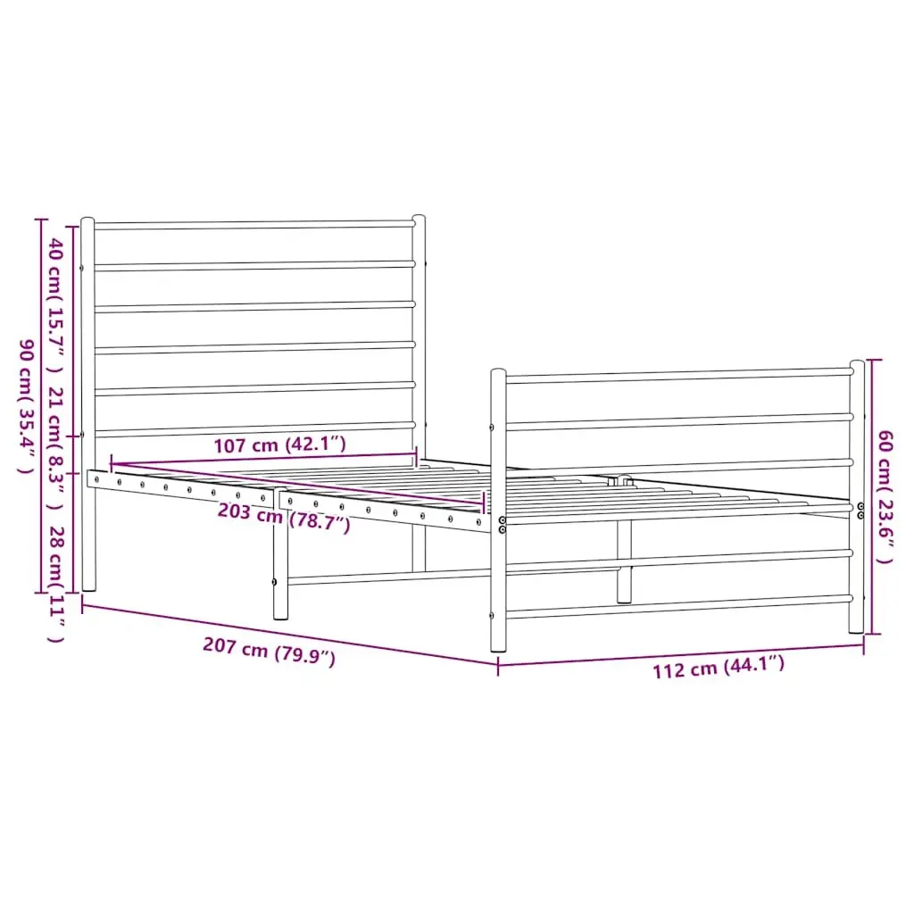Metal Bed Frame King Black 107x203 cm Powder-Coated Steel with Footboard