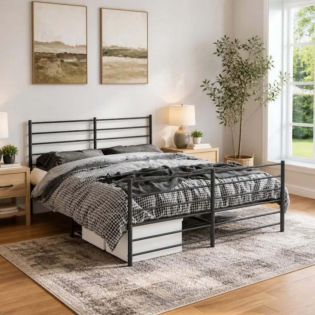 Metal Bed Frame Black 150x200 cm Slatted Base