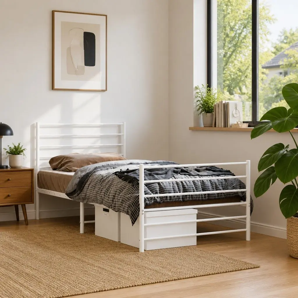 Metal Bed Frame King Size Powder-Coated Steel 107x203 cm White Footboard