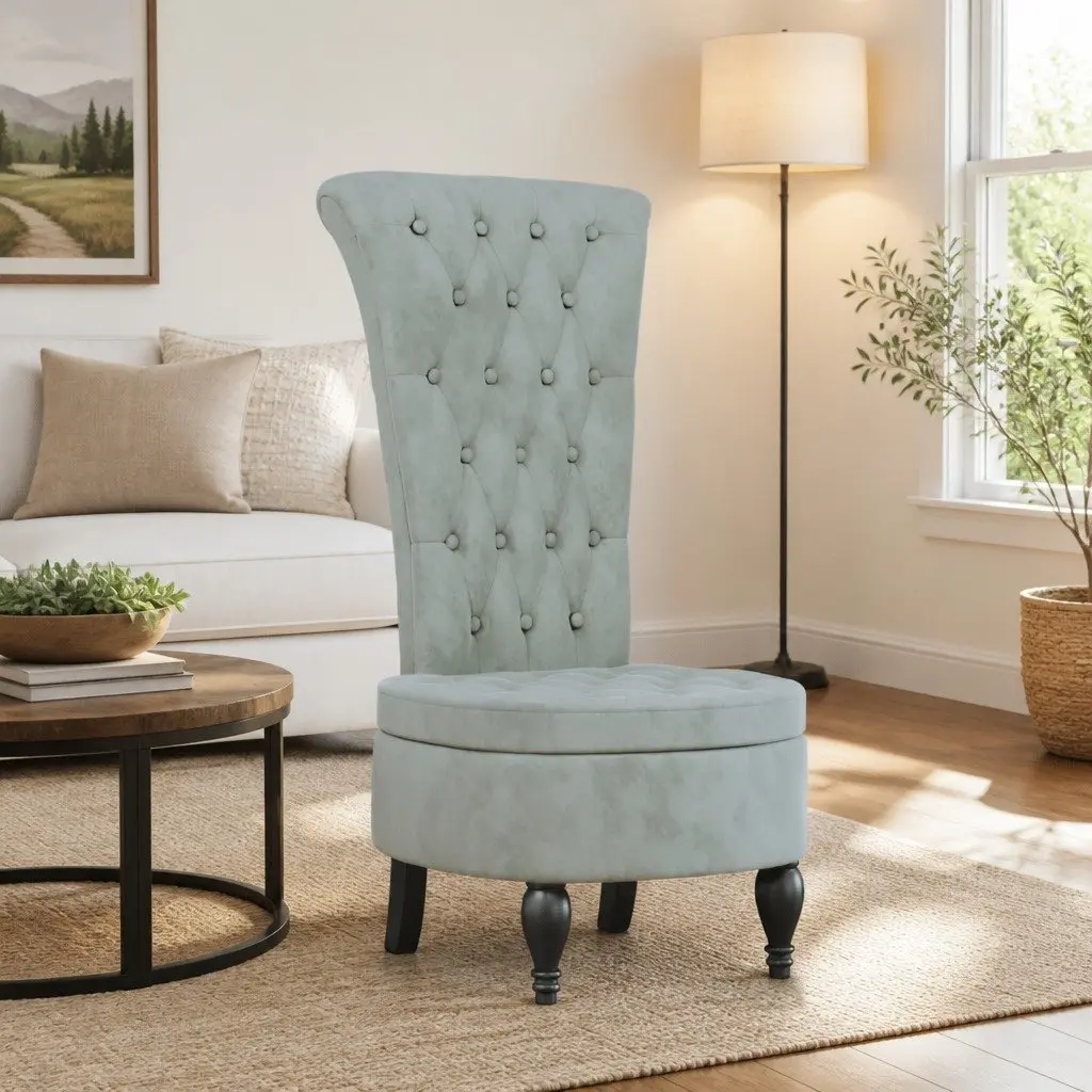 Light Grey Velvet High Back Armchair Button Tufted Accent Chair