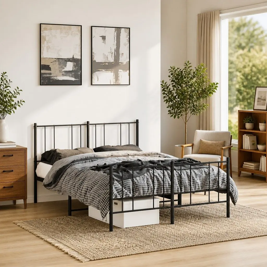 Black Metal Bed Frame 135x190 cm with Slatted Base and Footboard for Bedroom Furniture