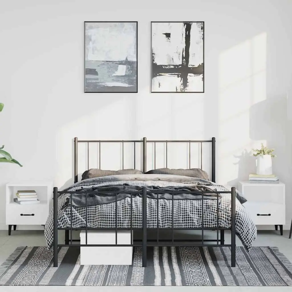 Black Metal Bed Frame 135x190 cm with Slatted Base and Footboard for Bedroom Furniture
