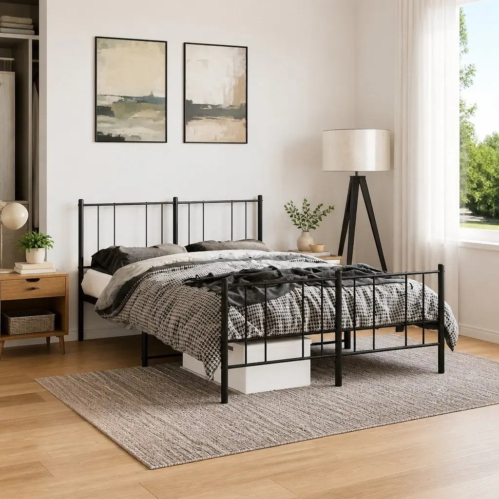 Metal Bed Frame 150x200 cm with Footboard Slatted Base Black Bedroom Furniture