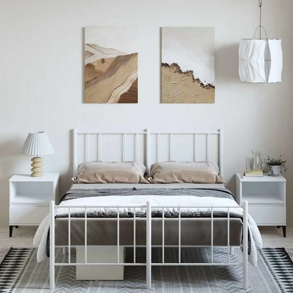 White Metal Bed Frame with Footboard and Slatted Base 135x190cm
