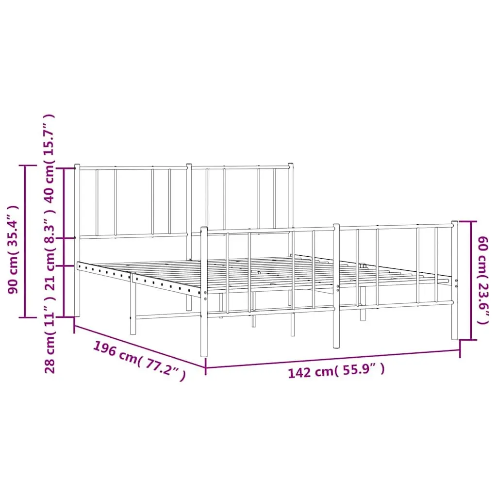 White Metal Bed Frame with Footboard and Slatted Base 135x190cm