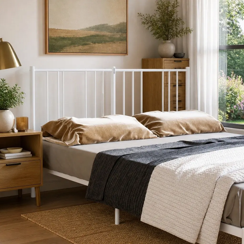 Metal Headboard White 135cm Sturdy Support Powder-coated Steel Construction