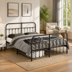 Metal Bed Frame 135x190 cm Black Footboard Bedroom Furniture Slats Support
