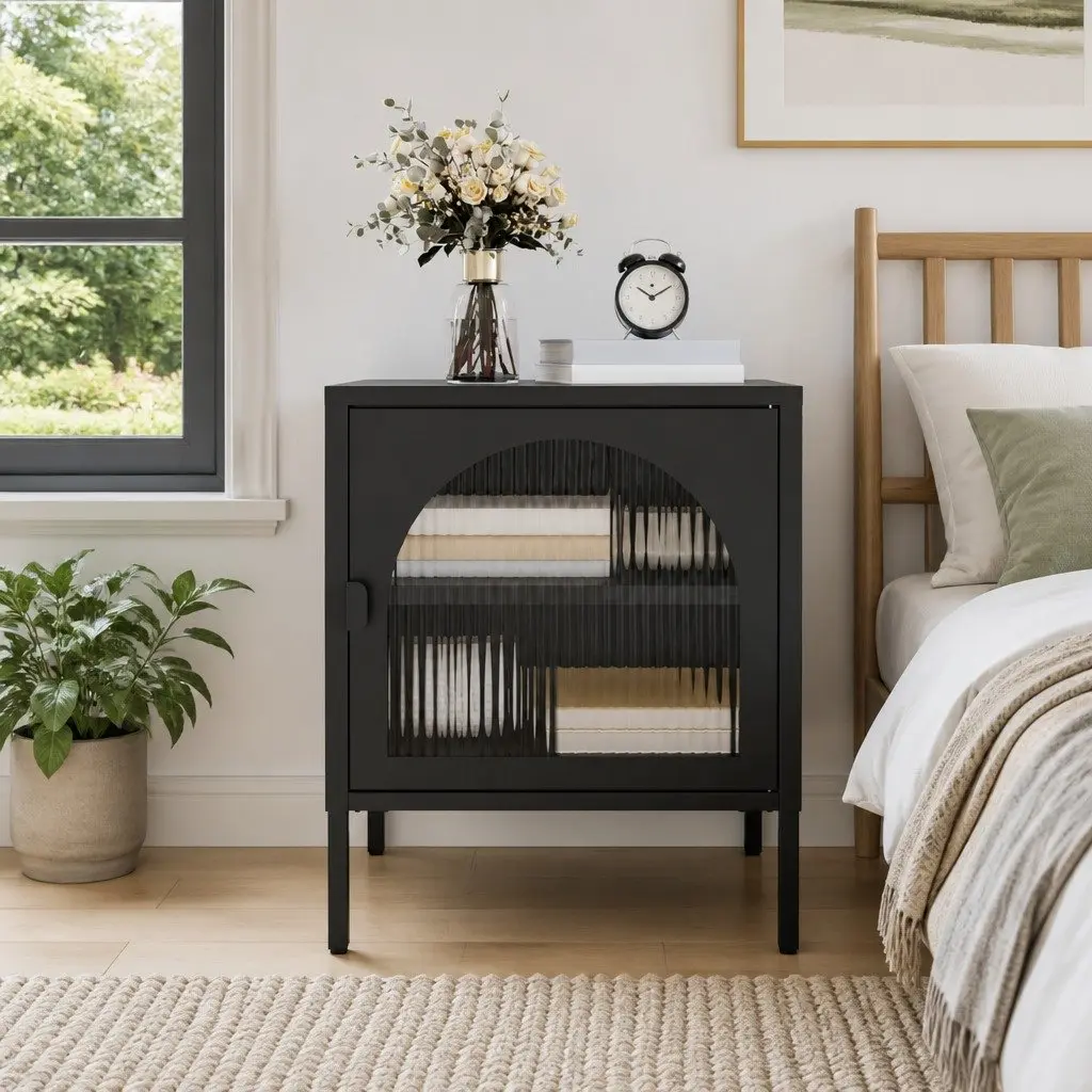 Bedside Table Black Nightstand Fluted Glass Steel Storage Cabinet 50W x 35D x 60H cm