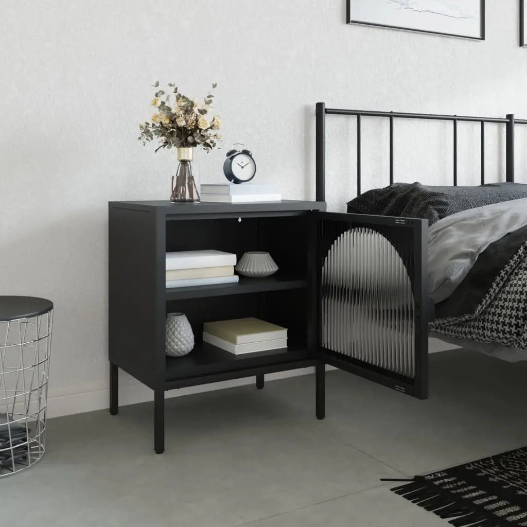Bedside Table Black Nightstand Fluted Glass Steel Storage Cabinet 50W x 35D x 60H cm