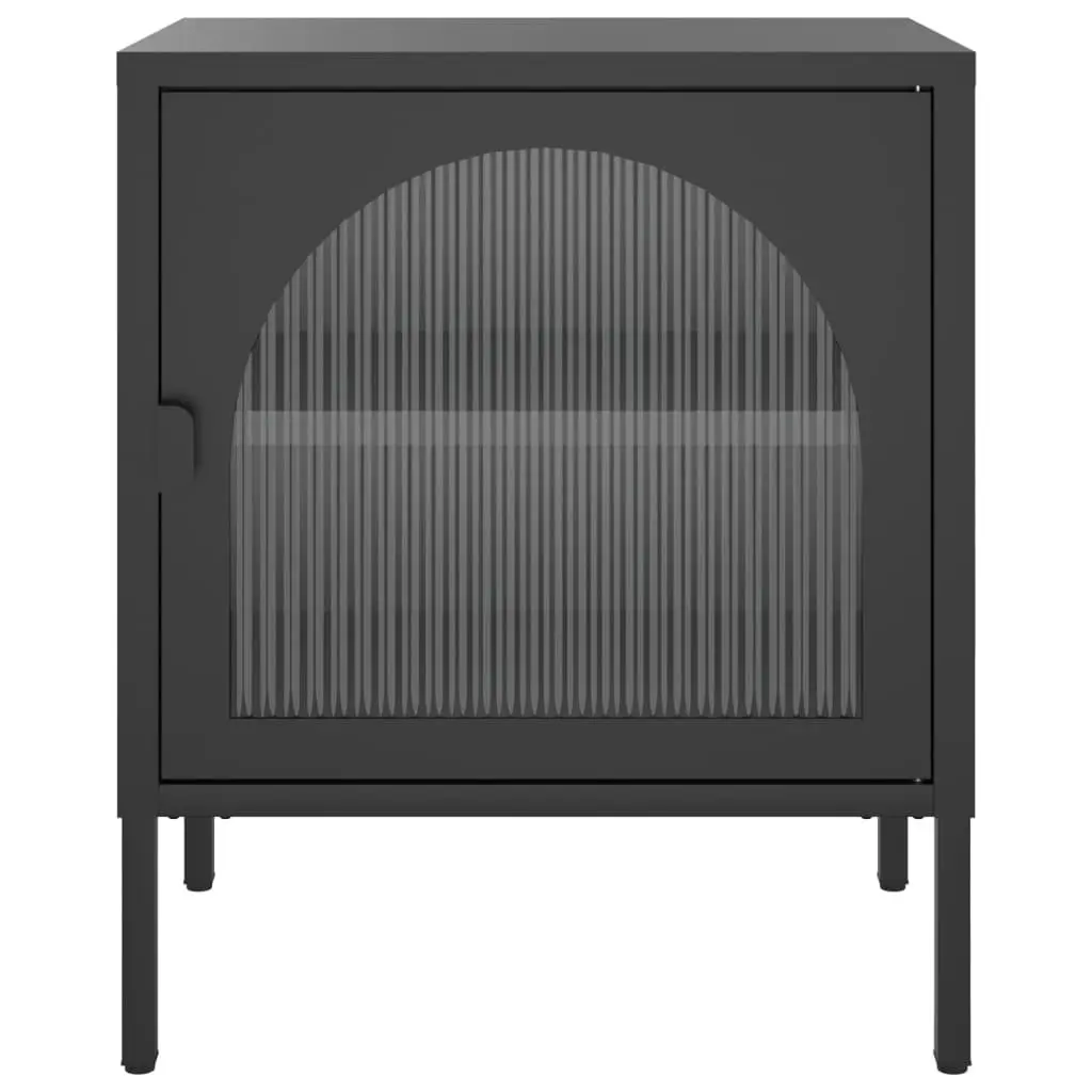 Bedside Table Black Nightstand Fluted Glass Steel Storage Cabinet 50W x 35D x 60H cm