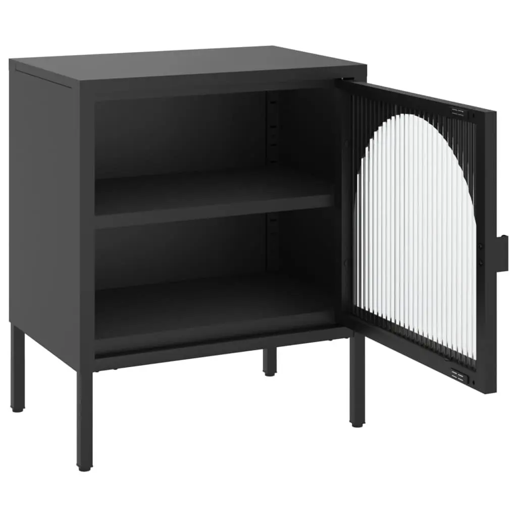Bedside Table Black Nightstand Fluted Glass Steel Storage Cabinet 50W x 35D x 60H cm