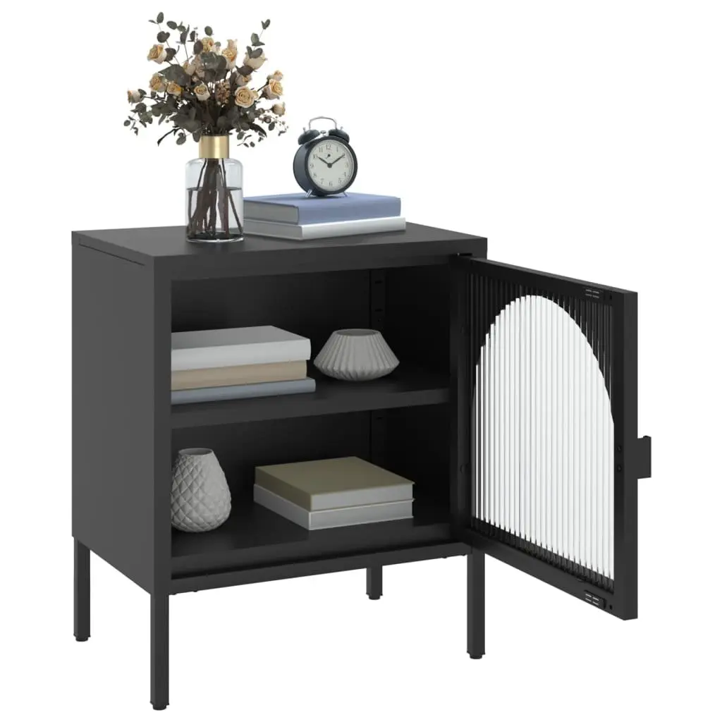 Bedside Table Black Nightstand Fluted Glass Steel Storage Cabinet 50W x 35D x 60H cm