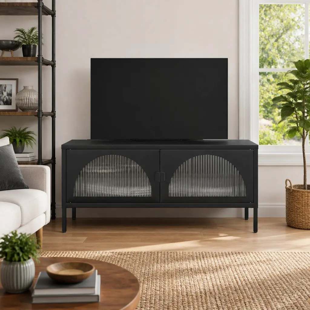 TV Stand Black Glass Steel Media Cabinet with Fluted Glass Panels 105 x 35 x 50 cm
