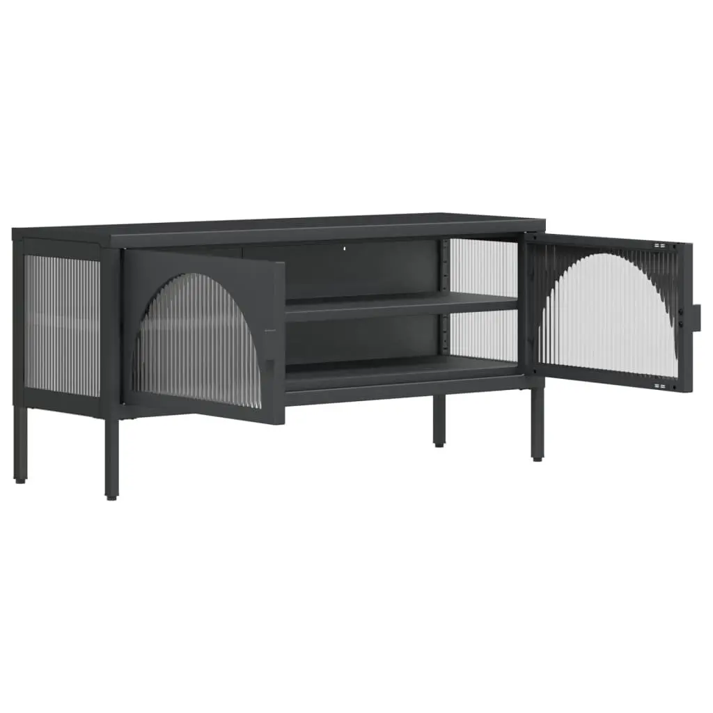 TV Stand Black Glass Steel Media Cabinet with Fluted Glass Panels 105 x 35 x 50 cm