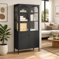 Highboard Cabinet Black Glass Steel Storage Sideboard Shelving Unit Modern