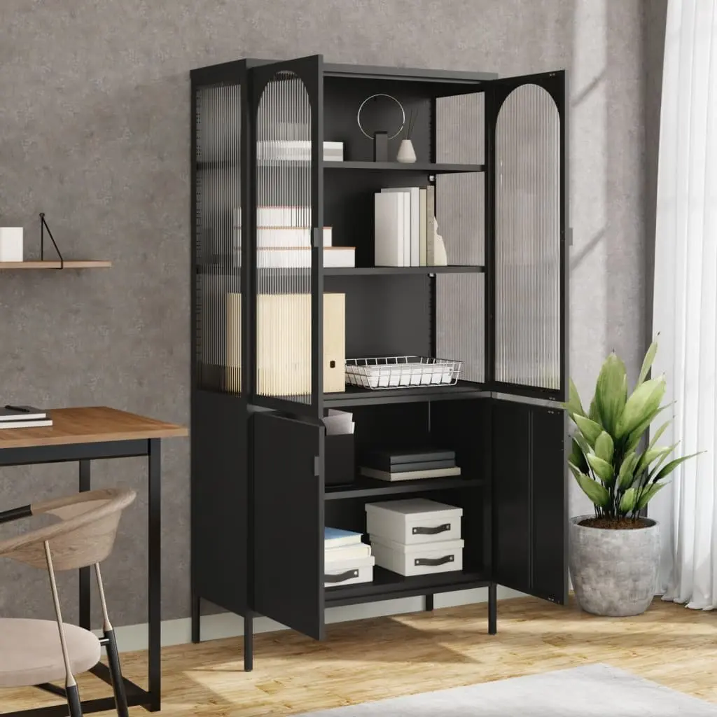 Highboard Cabinet Black Glass Steel Storage Sideboard Shelving Unit Modern