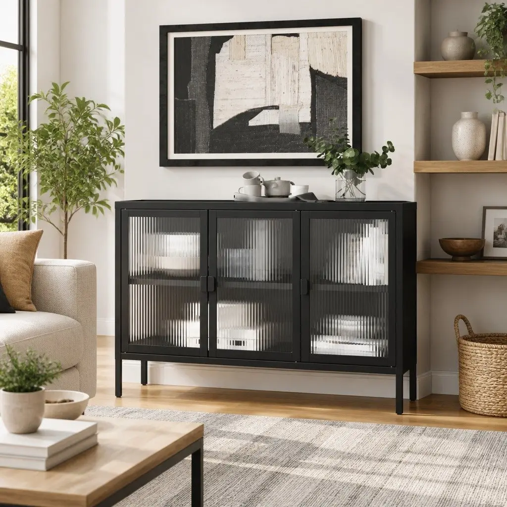 Sideboard Cabinet Black Fluted Glass Steel 105x35x70 cm