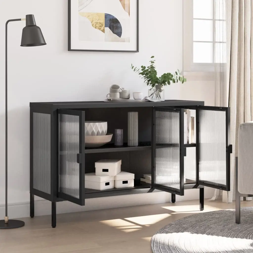 Sideboard Cabinet Black Fluted Glass Steel 105x35x70 cm