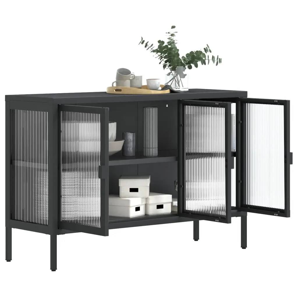 Sideboard Cabinet Black Fluted Glass Steel 105x35x70 cm