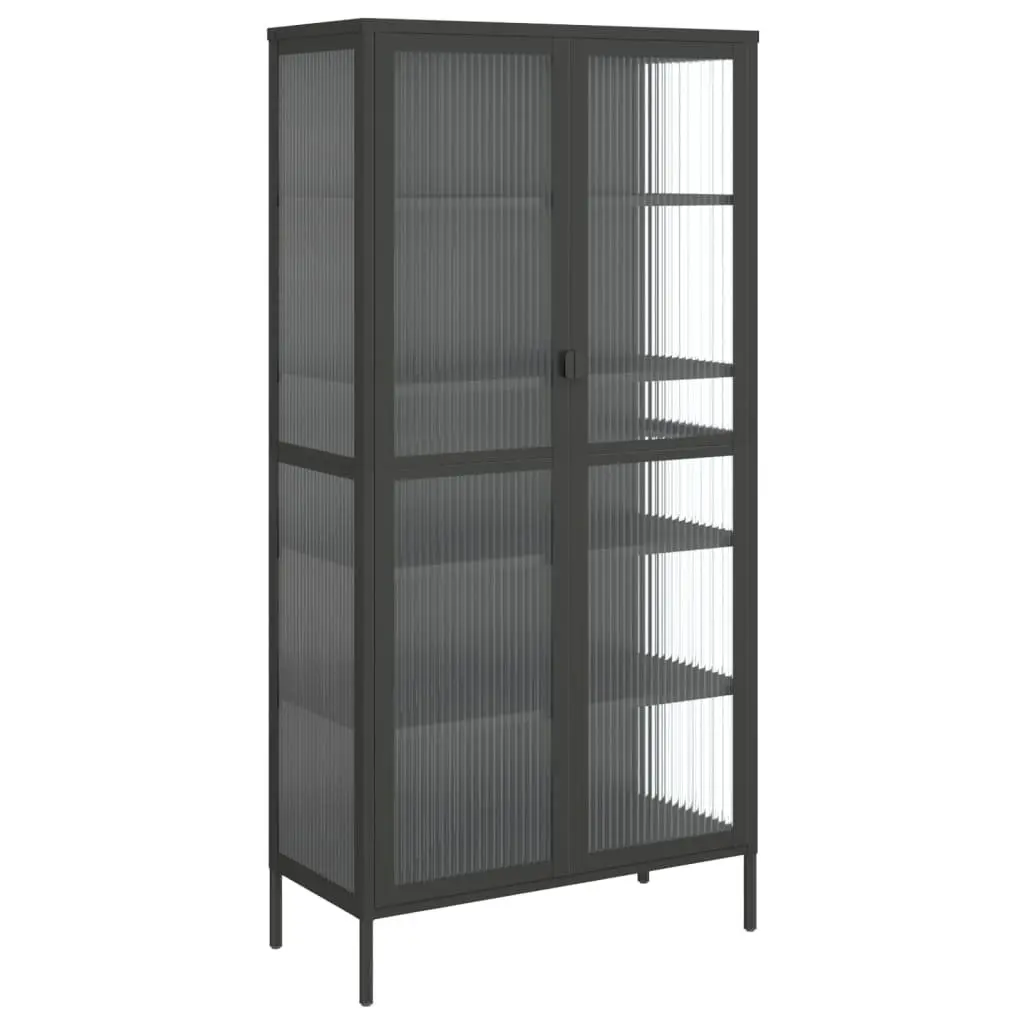 Highboard Storage Cabinet Black Fluted Glass Steel Frame Sideboard Cupboard