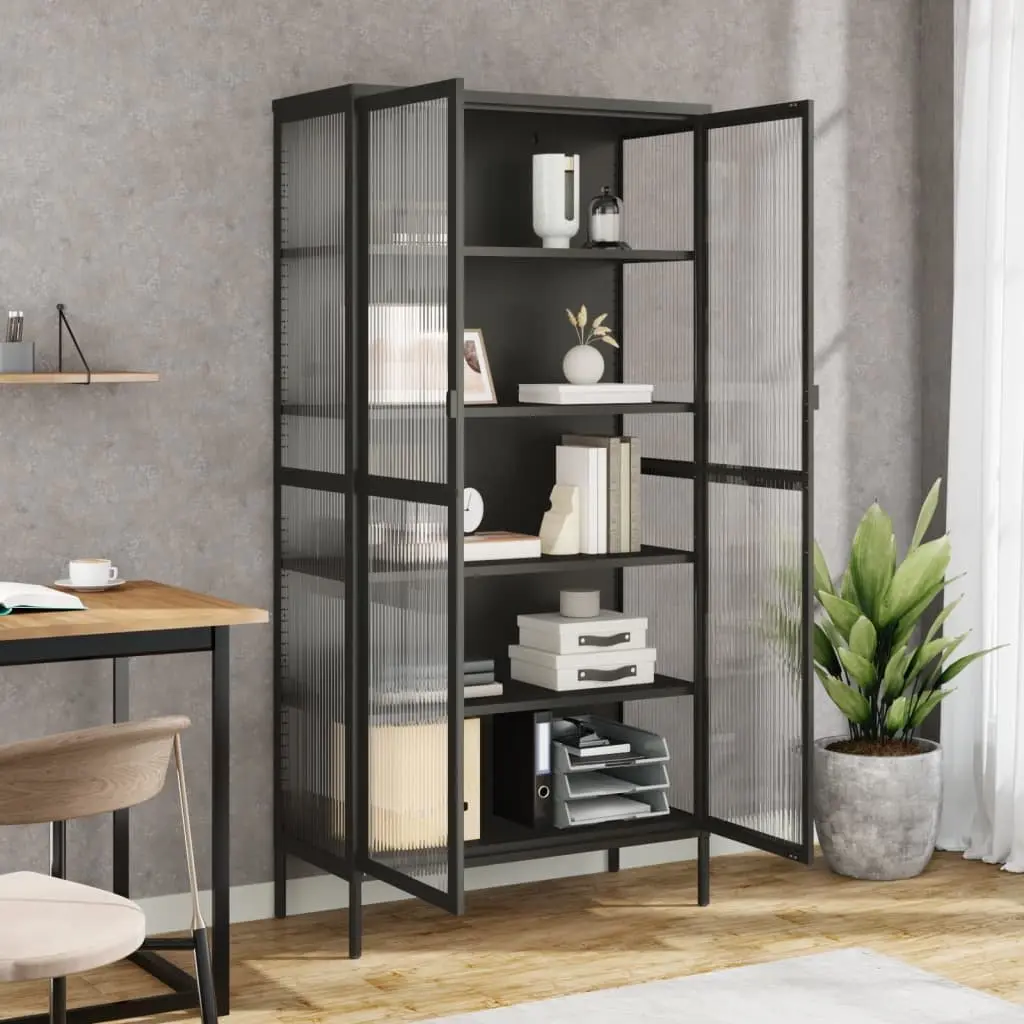 Highboard Storage Cabinet Black Fluted Glass Steel Frame Sideboard Cupboard