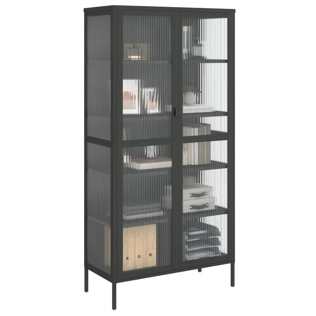 Highboard Storage Cabinet Black Fluted Glass Steel Frame Sideboard Cupboard