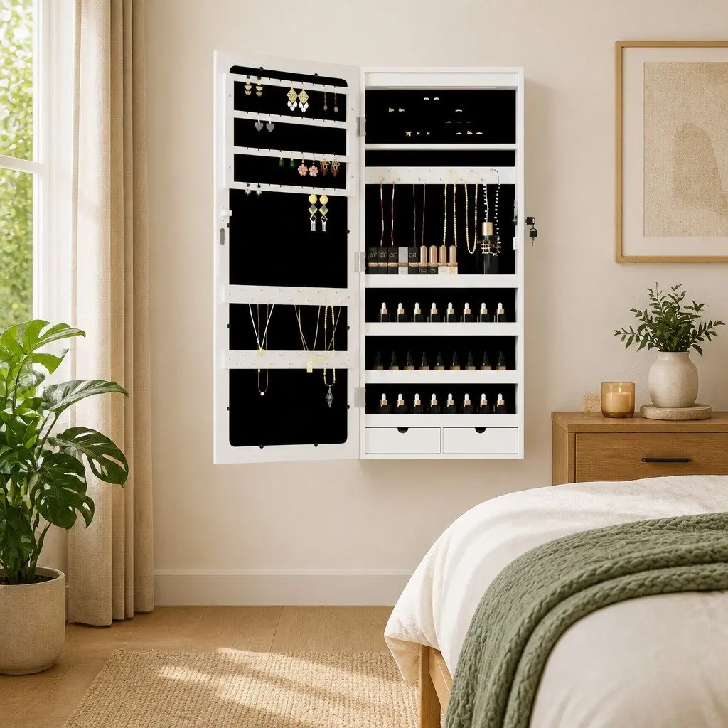 Wall Mounted Jewellery Mirror Cabinet with LED Lights White
