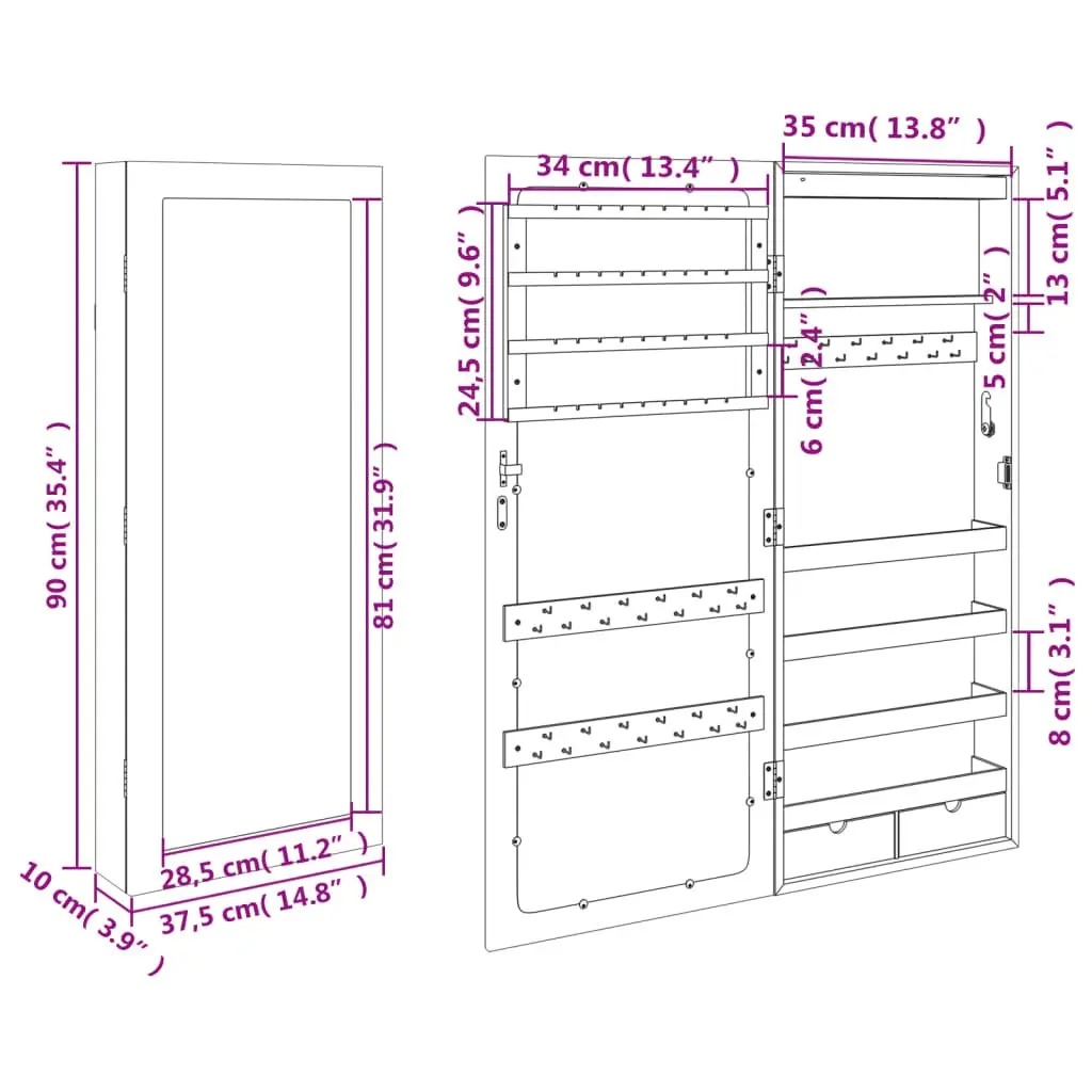 Wall Mounted Jewellery Mirror Cabinet with LED Lights White