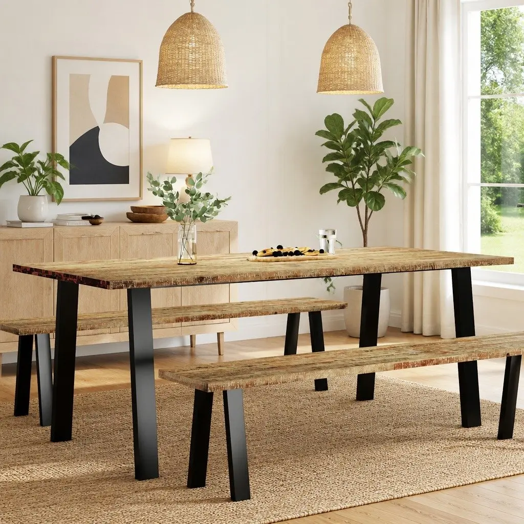 Dining Table Solid Acacia Wood 200x90x75 cm Industrial Steel Legs Brown
