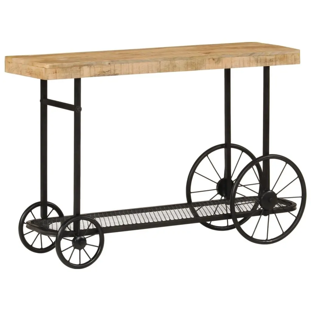 Console Table Industrial Style Solid Mango Wood 112x36x76 cm with Storage Shelf and Wheels