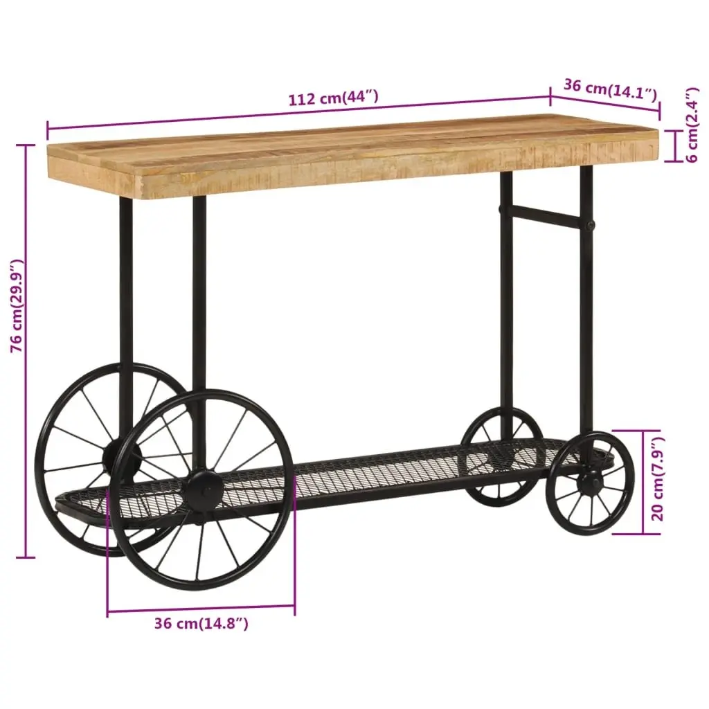 Console Table Industrial Style Solid Mango Wood 112x36x76 cm with Storage Shelf and Wheels