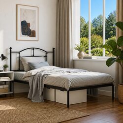 Metal Bed Frame King Single 107x203 cm with Headboard Black Steel Bedroom