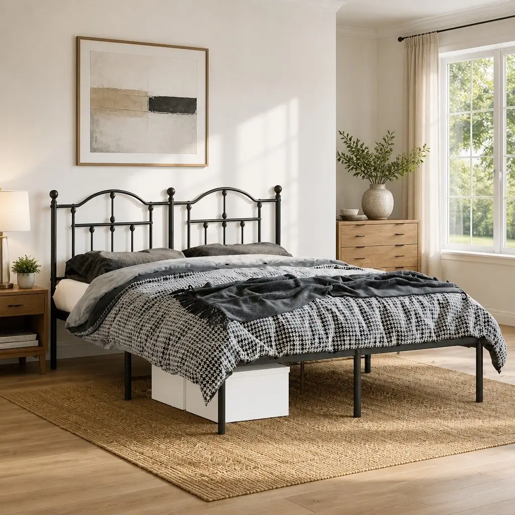 Metal Bed Frame Black Steel 150x200 cm with Headboard