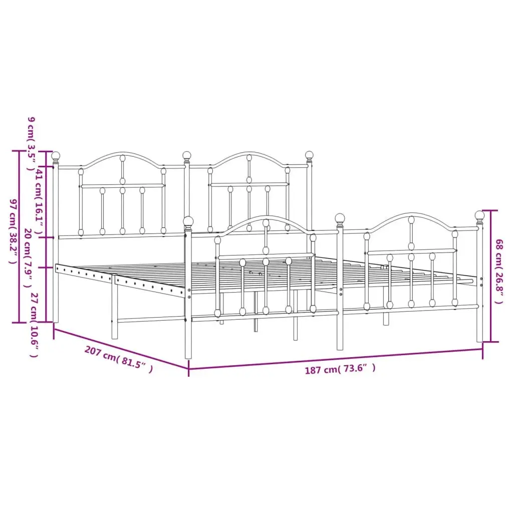 Metal Bed Frame King Size 183x203 cm with Footboard Headboard Black Steel