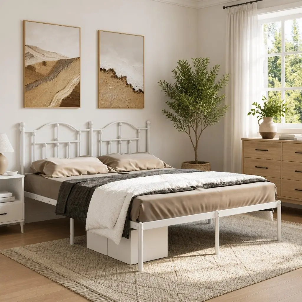 Metal Bed Frame White with Headboard 135x190 cm Slatted Base