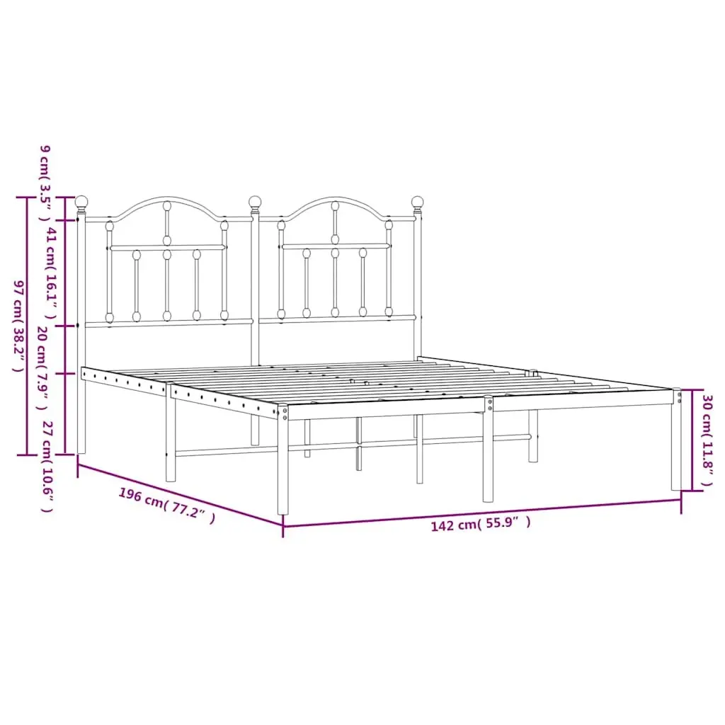 Metal Bed Frame White with Headboard 135x190 cm Slatted Base