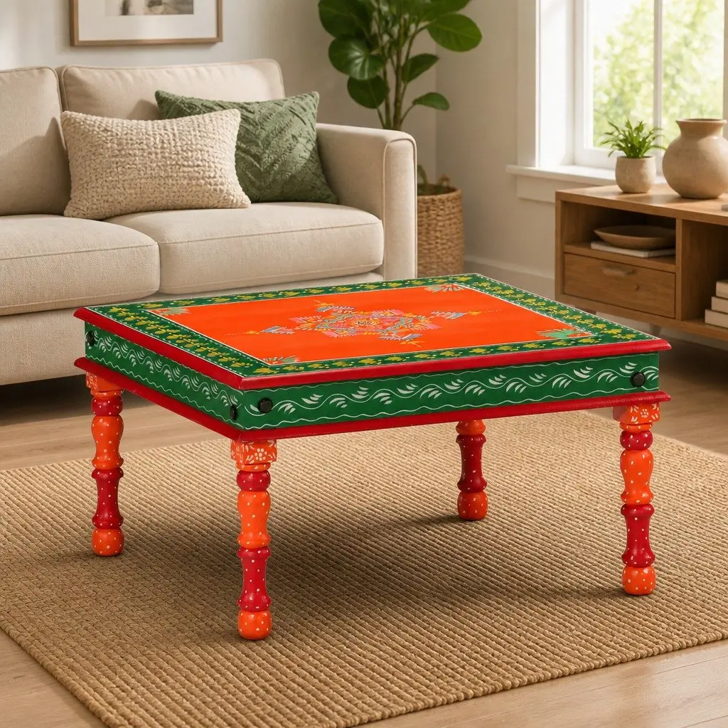 Coffee Table Hand Painted Orange Solid Wood Mango