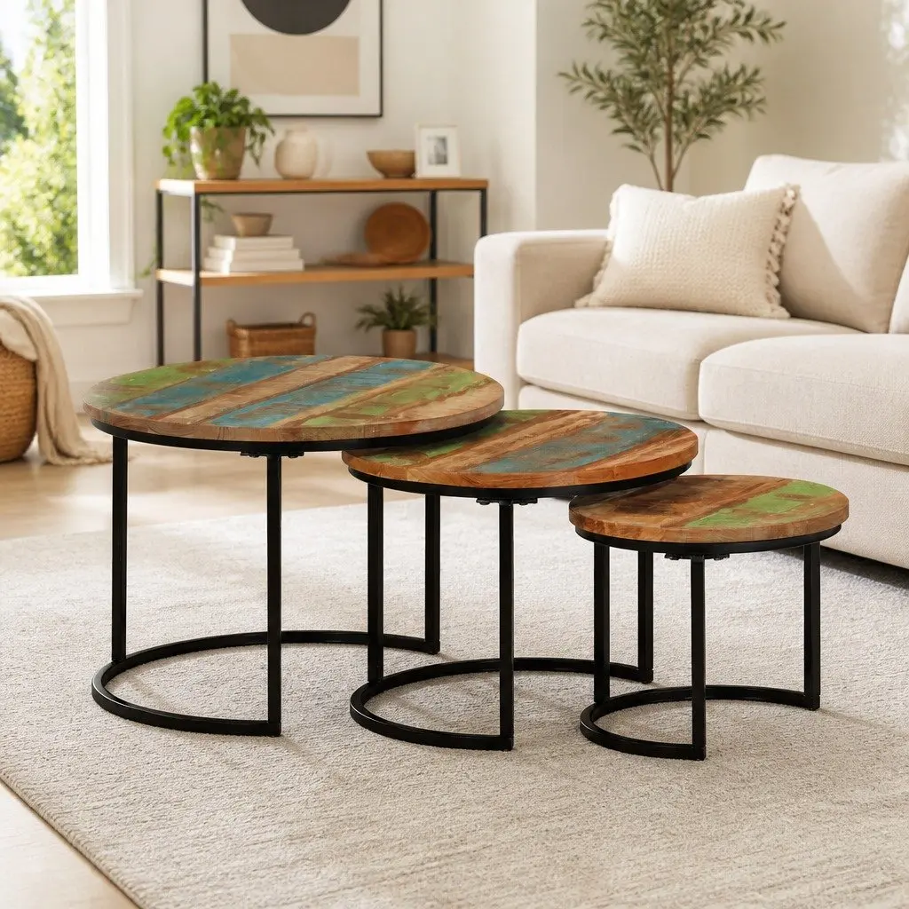 Nesting Tables 3 Piece Set Solid Reclaimed Wood Coffee Side Table Living Room