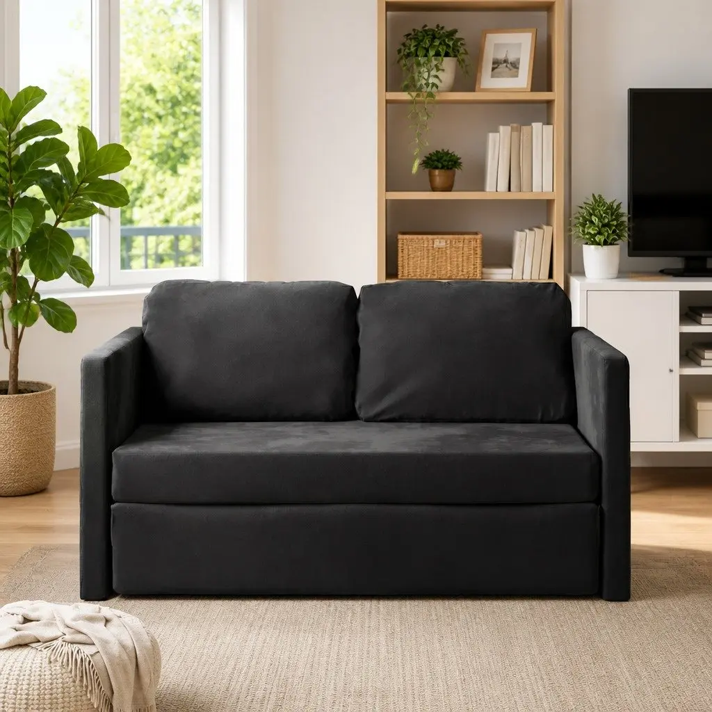 Floor Sofa Bed Convertible Loveseat Double Bed Black Velvet 122 x 204 x 55 cm