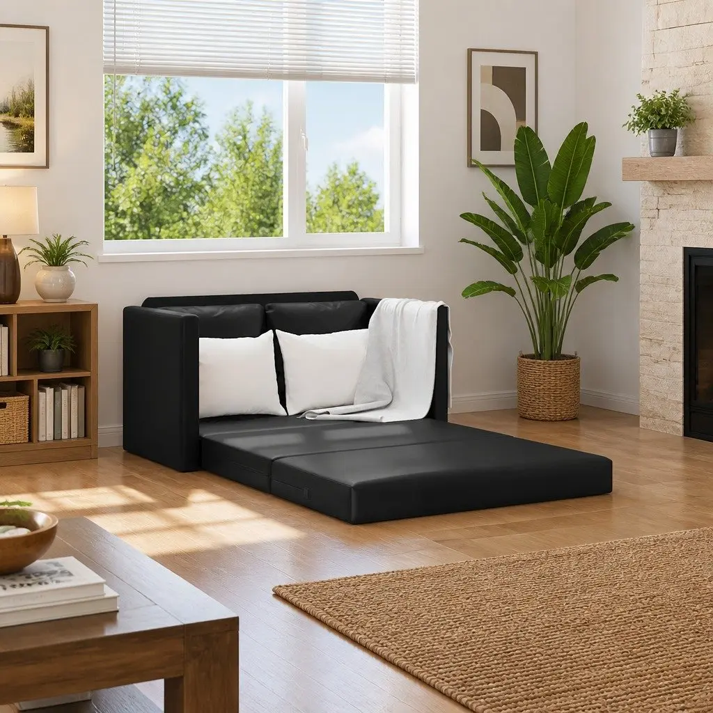 Floor Sofa Bed 2-in-1 Convertible Loveseat Double Bed Faux Leather Black
