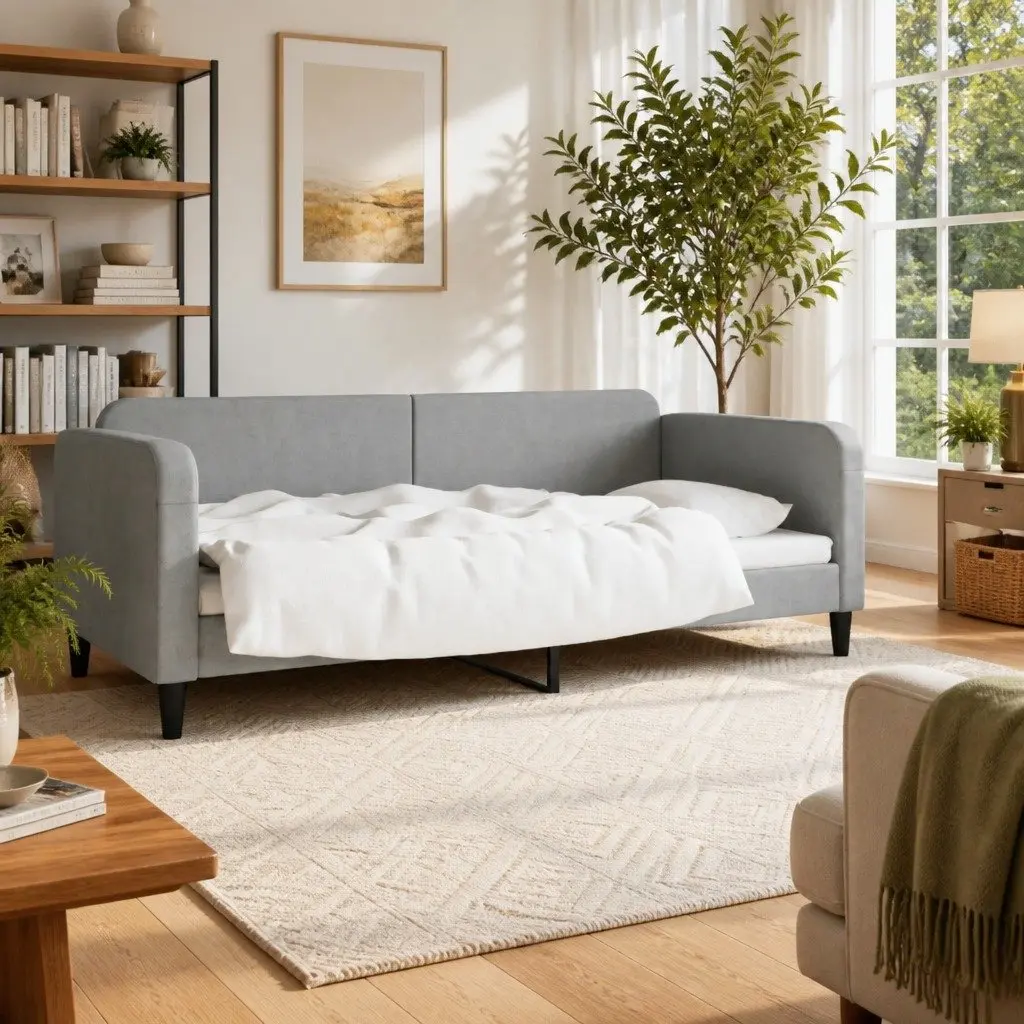Day Bed Sofa Bed Grey Fabric Upholstered Modern 90x190 cm